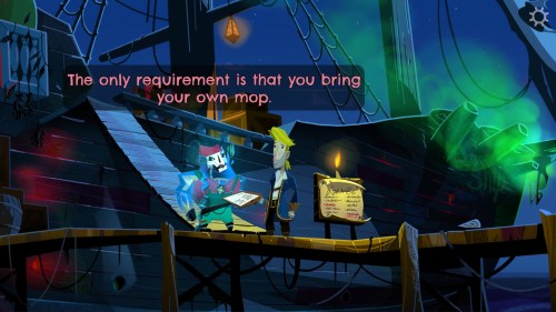 A skeleton pirate saying you need a mop.