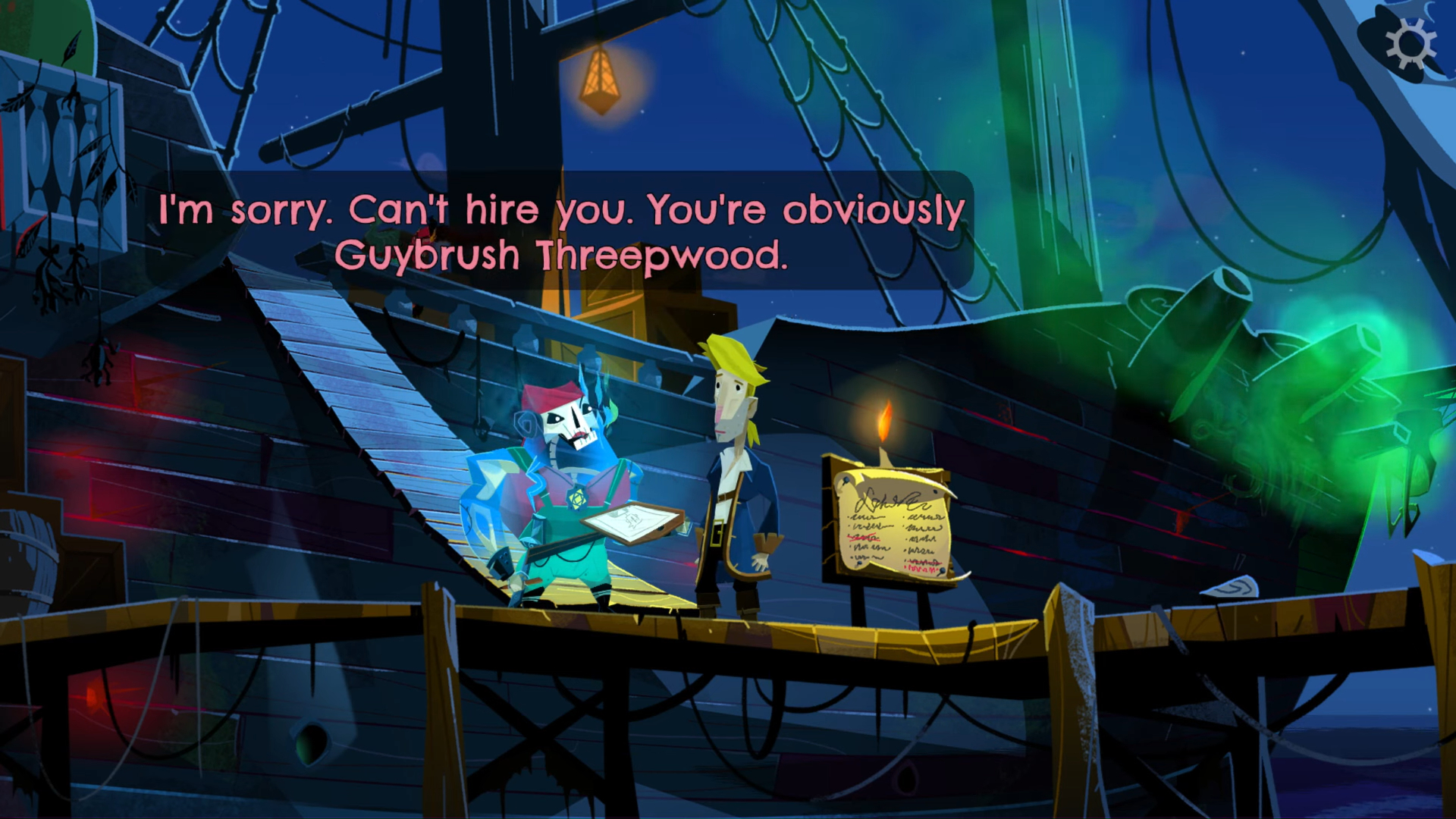 A skeleton pirate talking to Guybrush.