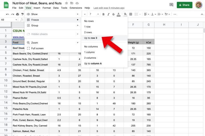 Google Sheets میتواند ردیفهای سرصفحه بیشتری را ثابت کند.