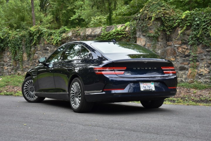 Rear three quarter view of the 2023 Genesis Electrified G80.