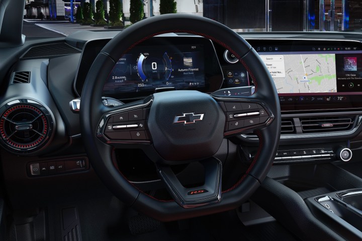 Close-up of the steering wheel of the 2024 Chevrolet Equinox EV.