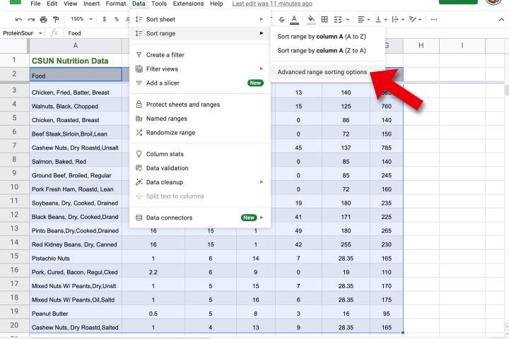 Google Sheets advanced sorting is in the Data menu