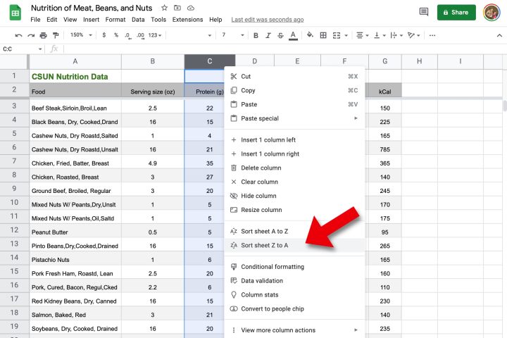 Column menu can sort while keeping frozen headers.