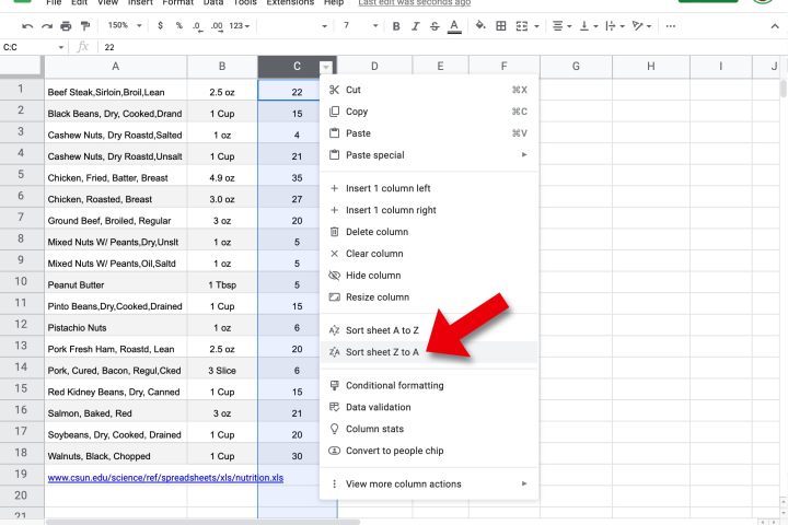 The same sorting options are available for numbers.