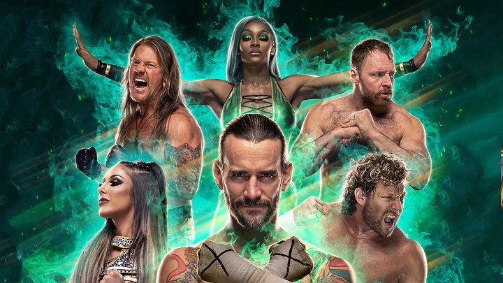 Chris Jericho, Jade Cargill, Jon Moxley, Britt Baker, CM Punk, and Kenny Omega on the cover of AEW: Fight Forever.