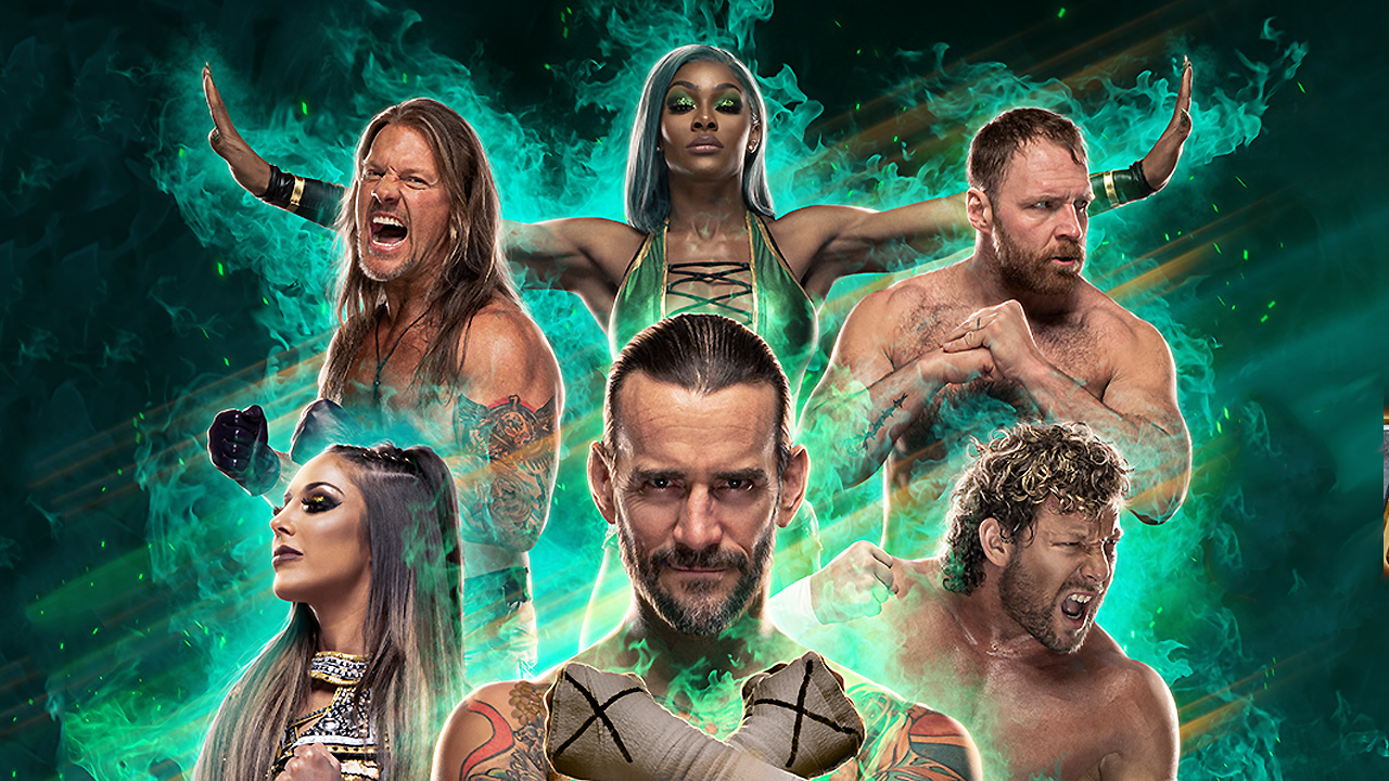 Chris Jericho, Jade Cargill, Jon Moxley, Britt Baker, CM Punk y Kenny Omega en la portada de AEW: Fight Forever.