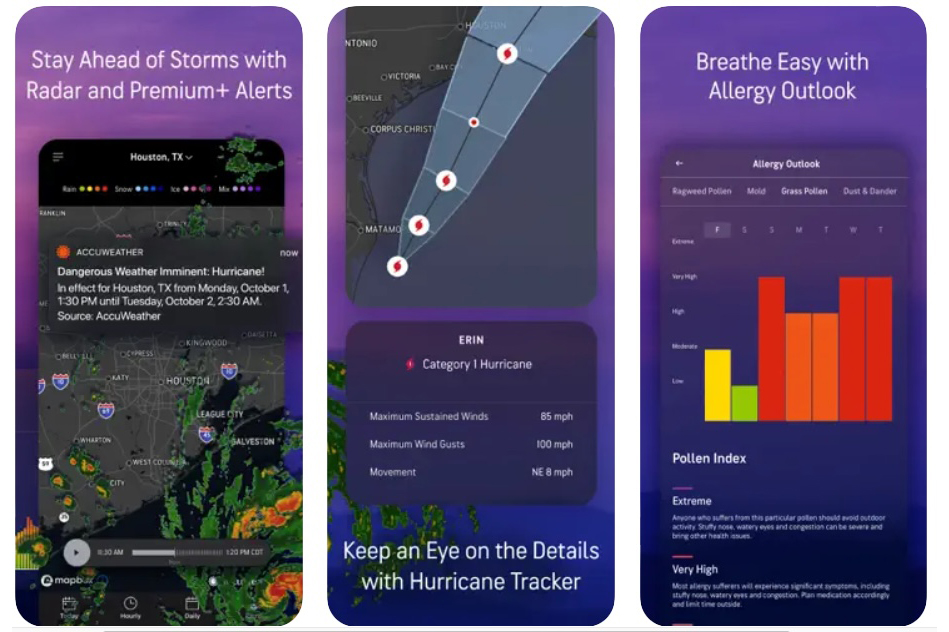AccuWeather: aplicación Weather Alerts con un panel de seguimiento de huracanes en el medio.