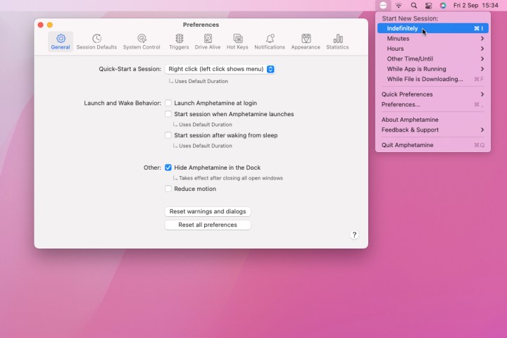O aplicativo Amphetamine Mac mostrando os itens da barra de menus e a janela de preferências.