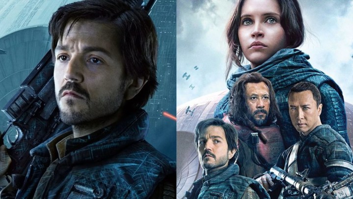 Split image of Cassian Andor and the crew in Rogue One.