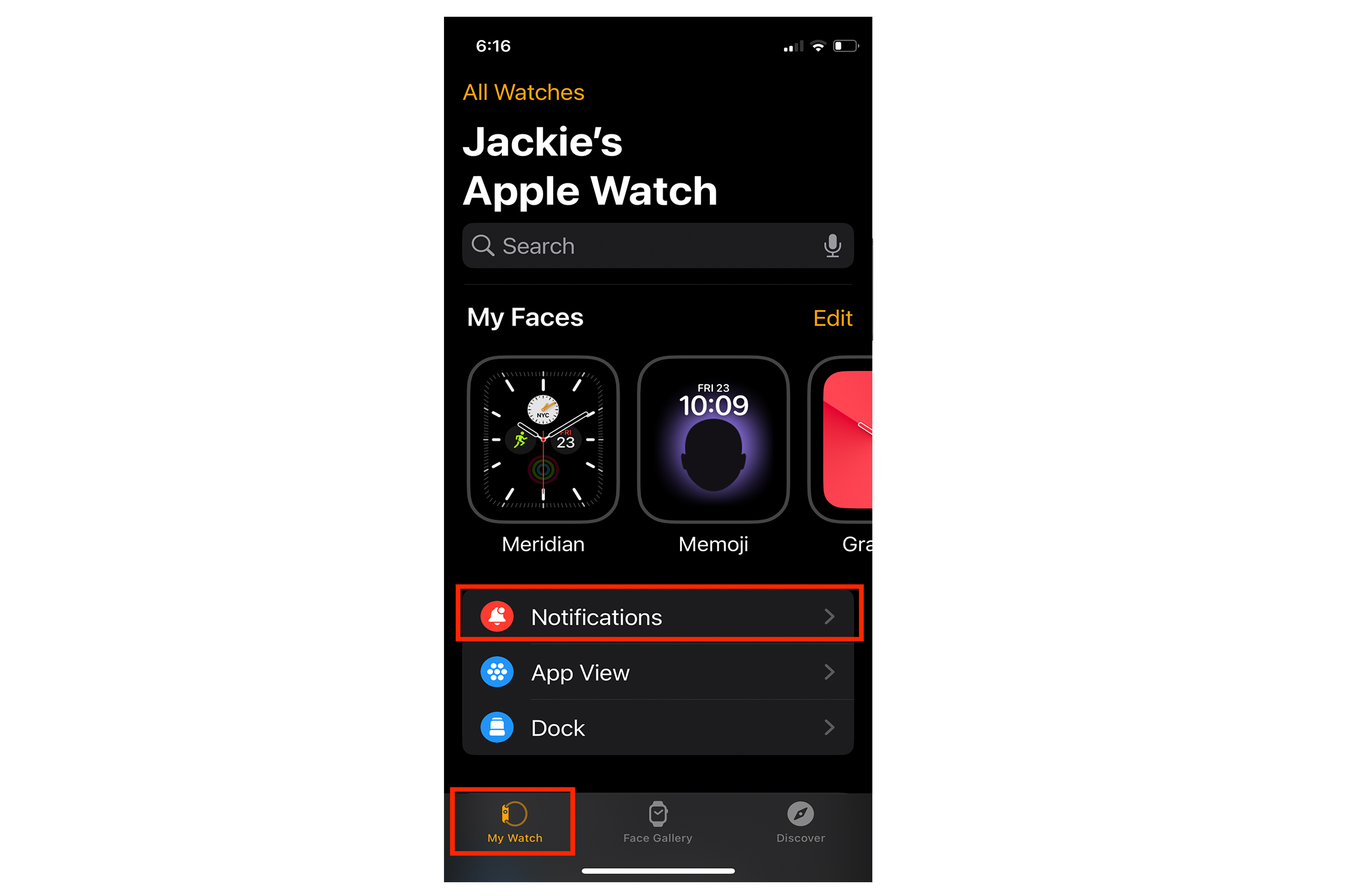 کنترل‌های اعلان در Apple My Watch.