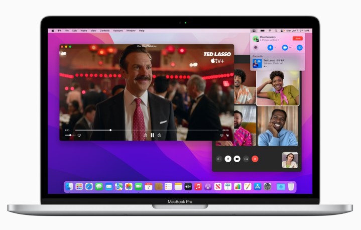 The Apple TV app and FaceTime app being used with SharePlay on a MacBook Pro.