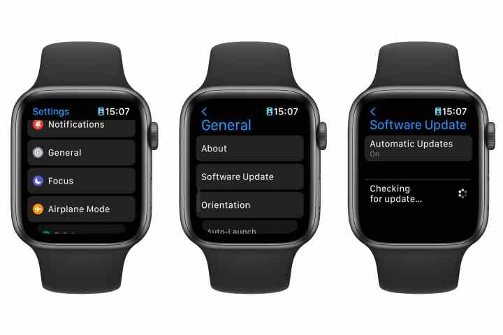 Three Apple Watches showing software update screens.