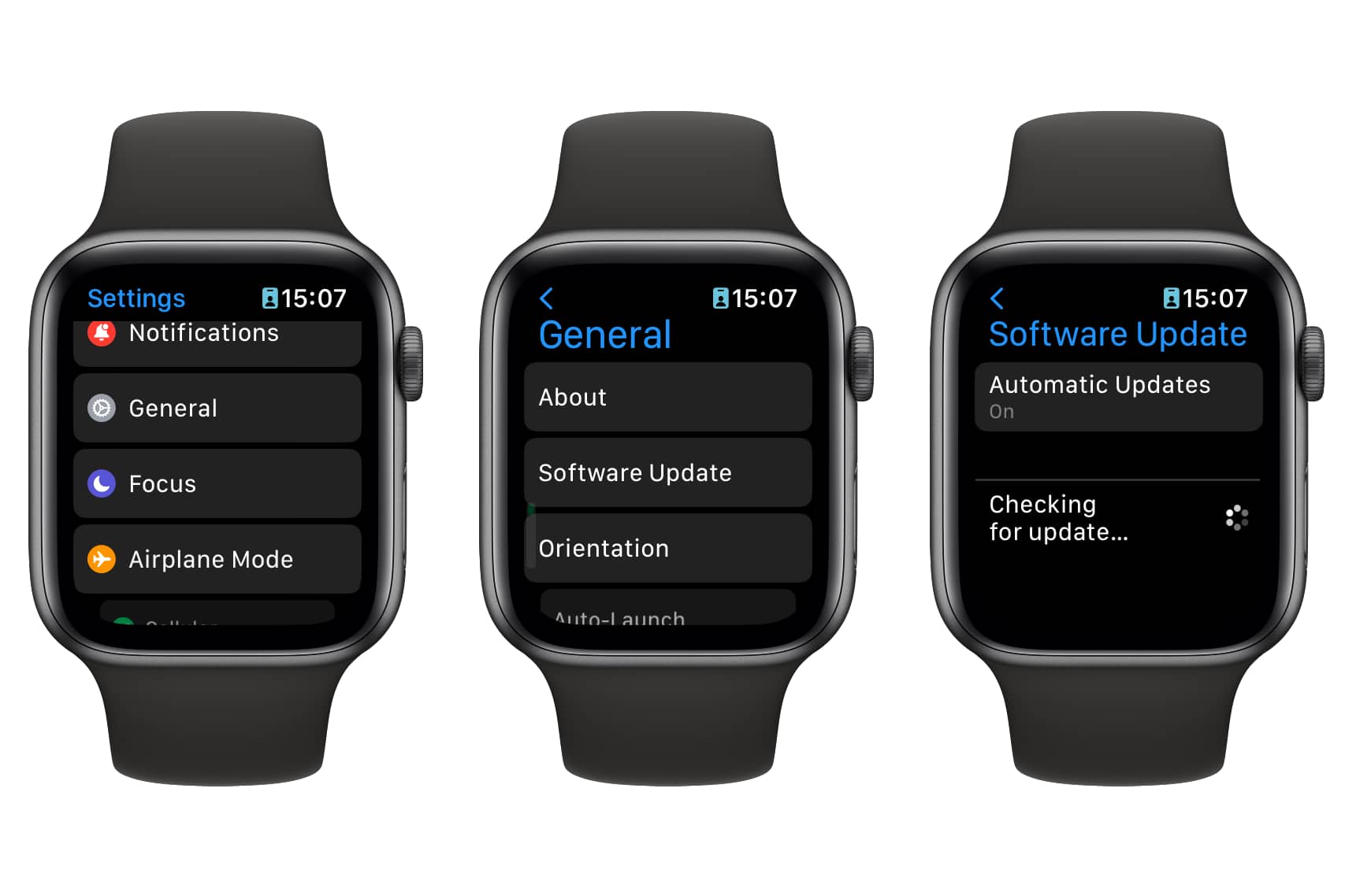 Tres relojes Apple que muestran pantallas de actualización de software.