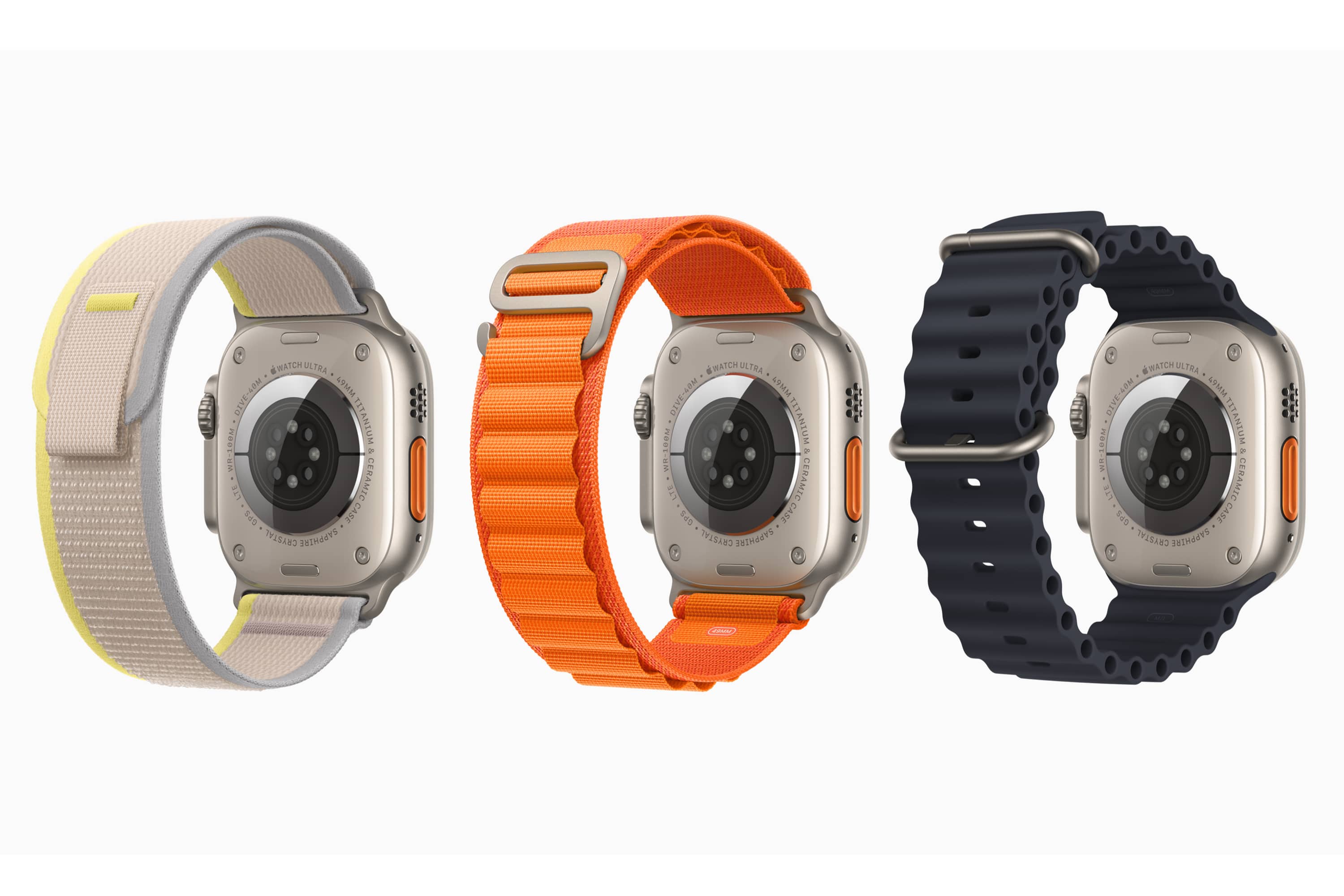 Três dispositivos Apple Watch Ultra mostrando Alpine Loop, Trail Loop e Ocean Bands.