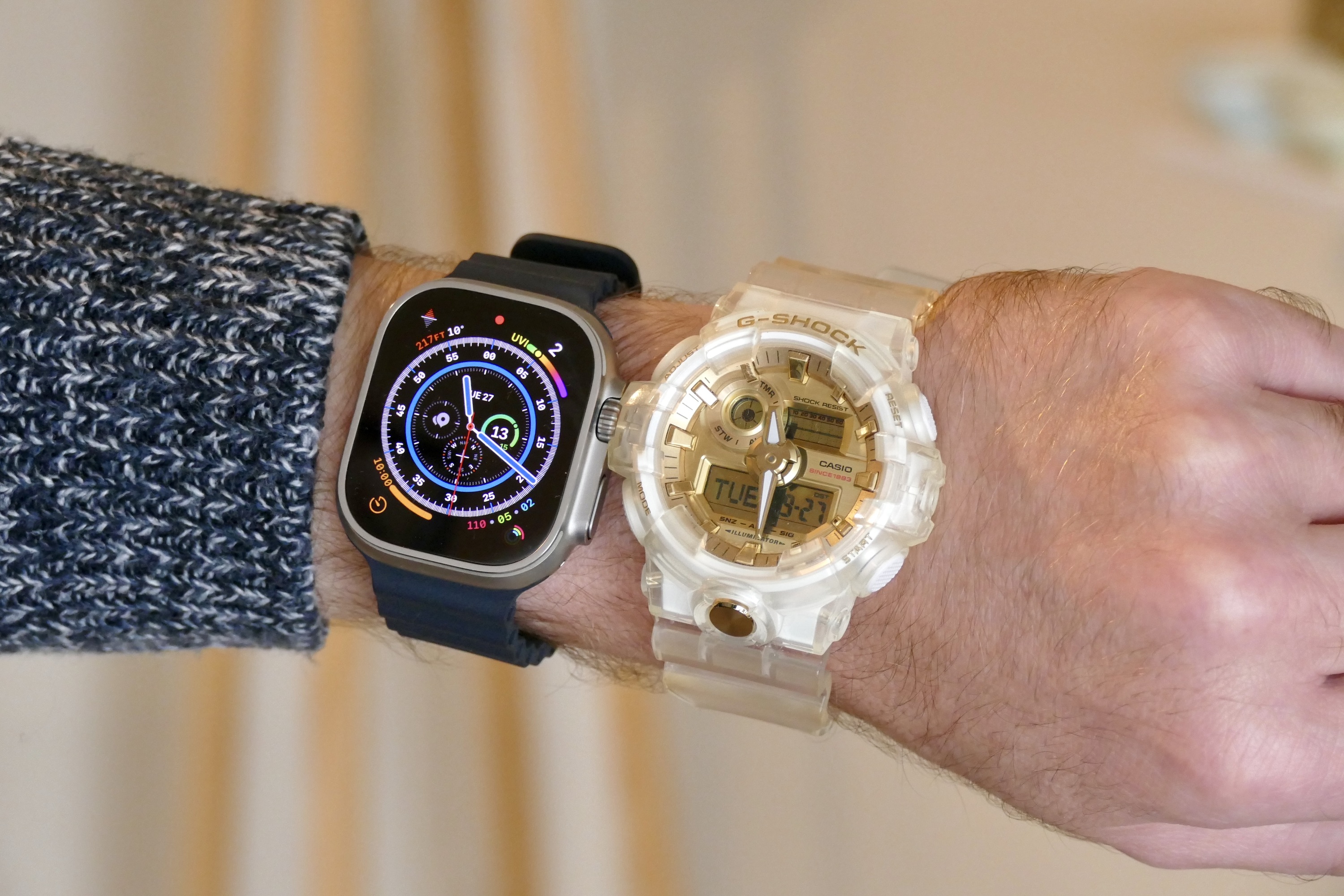 Apple Watch Ultra with a G-Shock GA-735 watch.