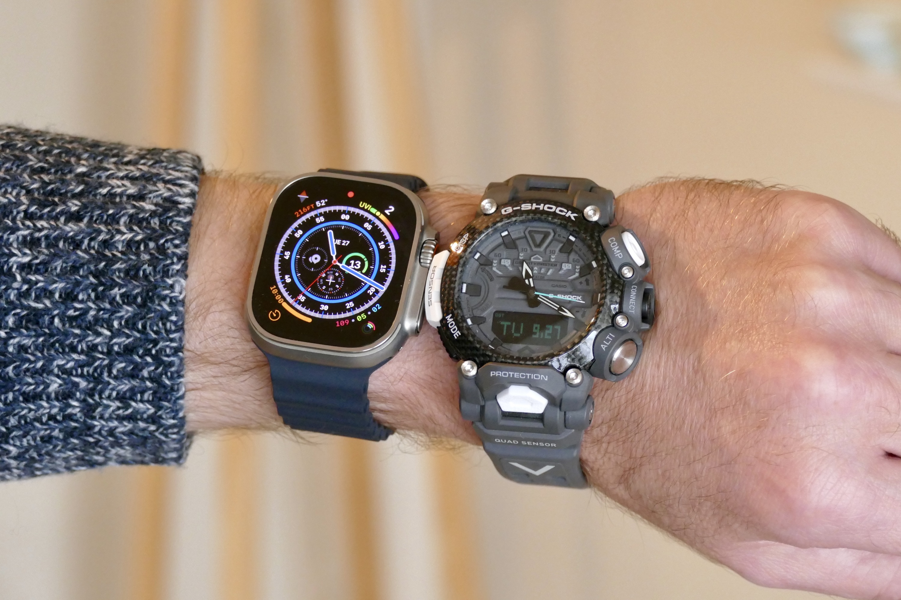 Apple Watch Ultra with a G-Shock GR-B200 Gravitymaster watch.