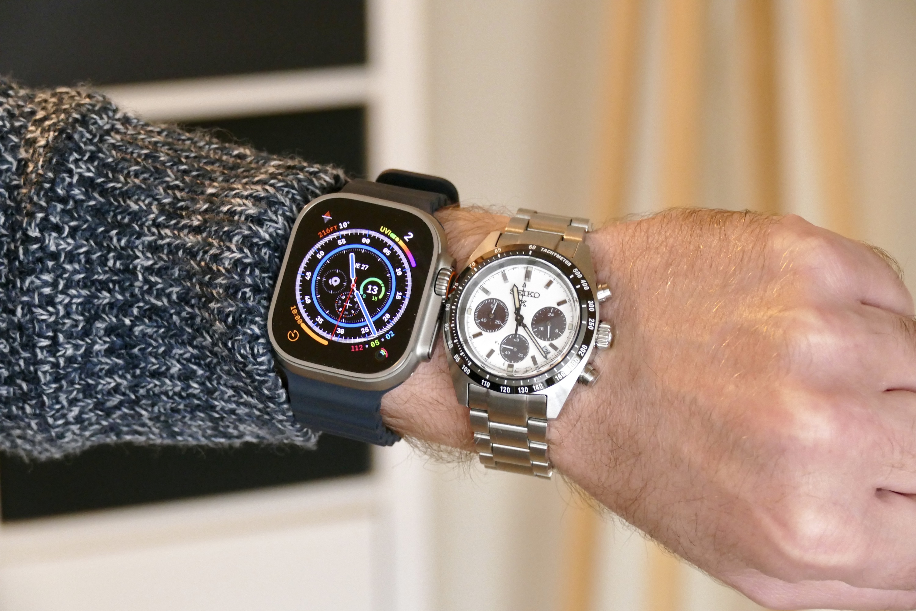 The Apple Watch Ultra and the Seiko Speedtimer watch.