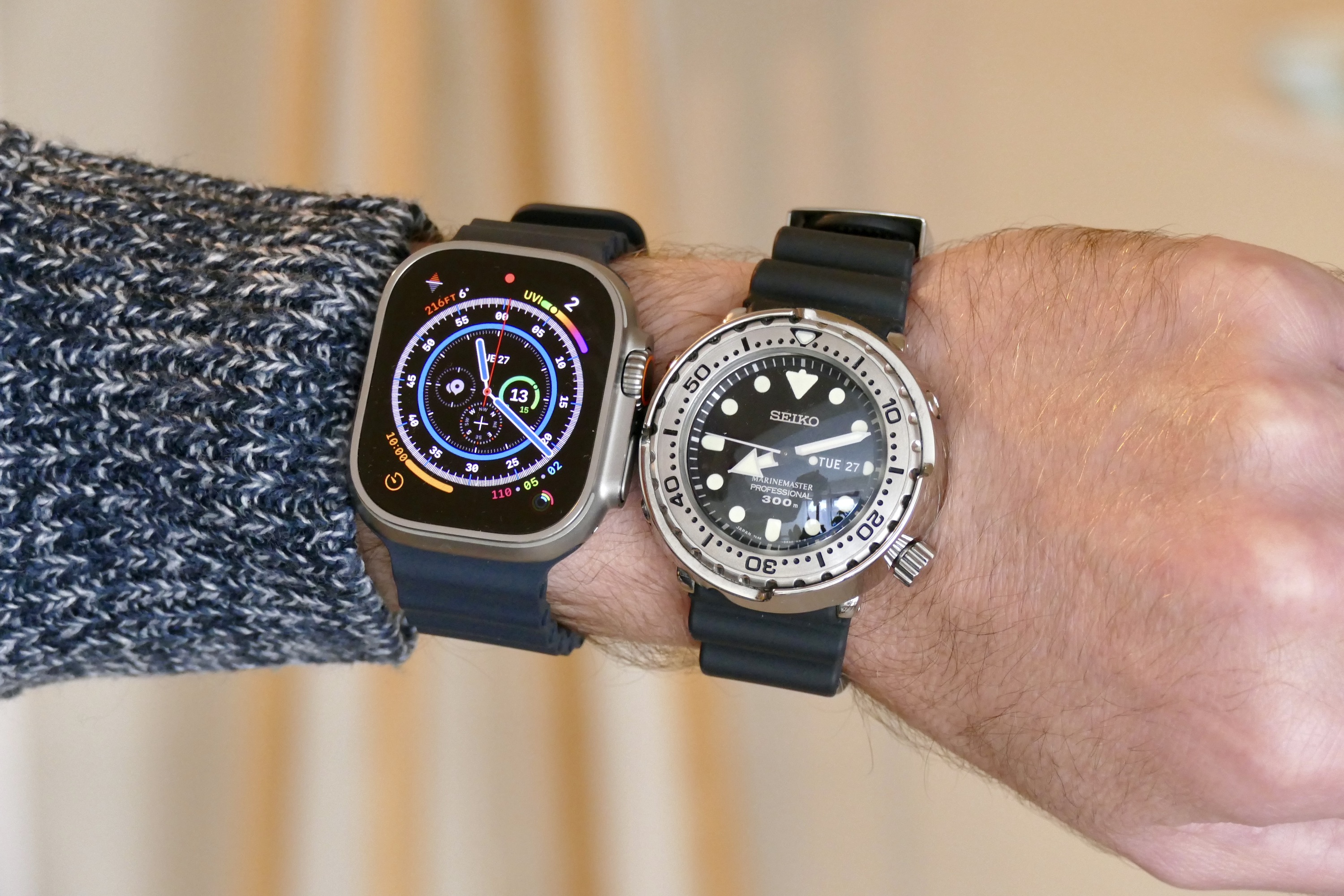 Apple Watch Ultra and Seiko Tuna Marinemaster watch.