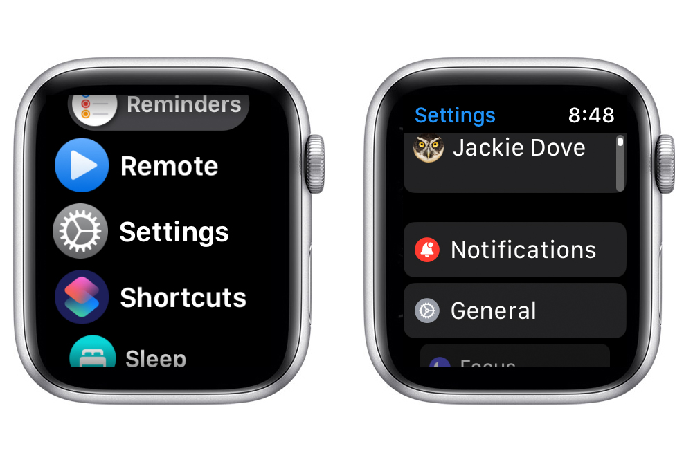 Configurações e notificações do Apple Watch.