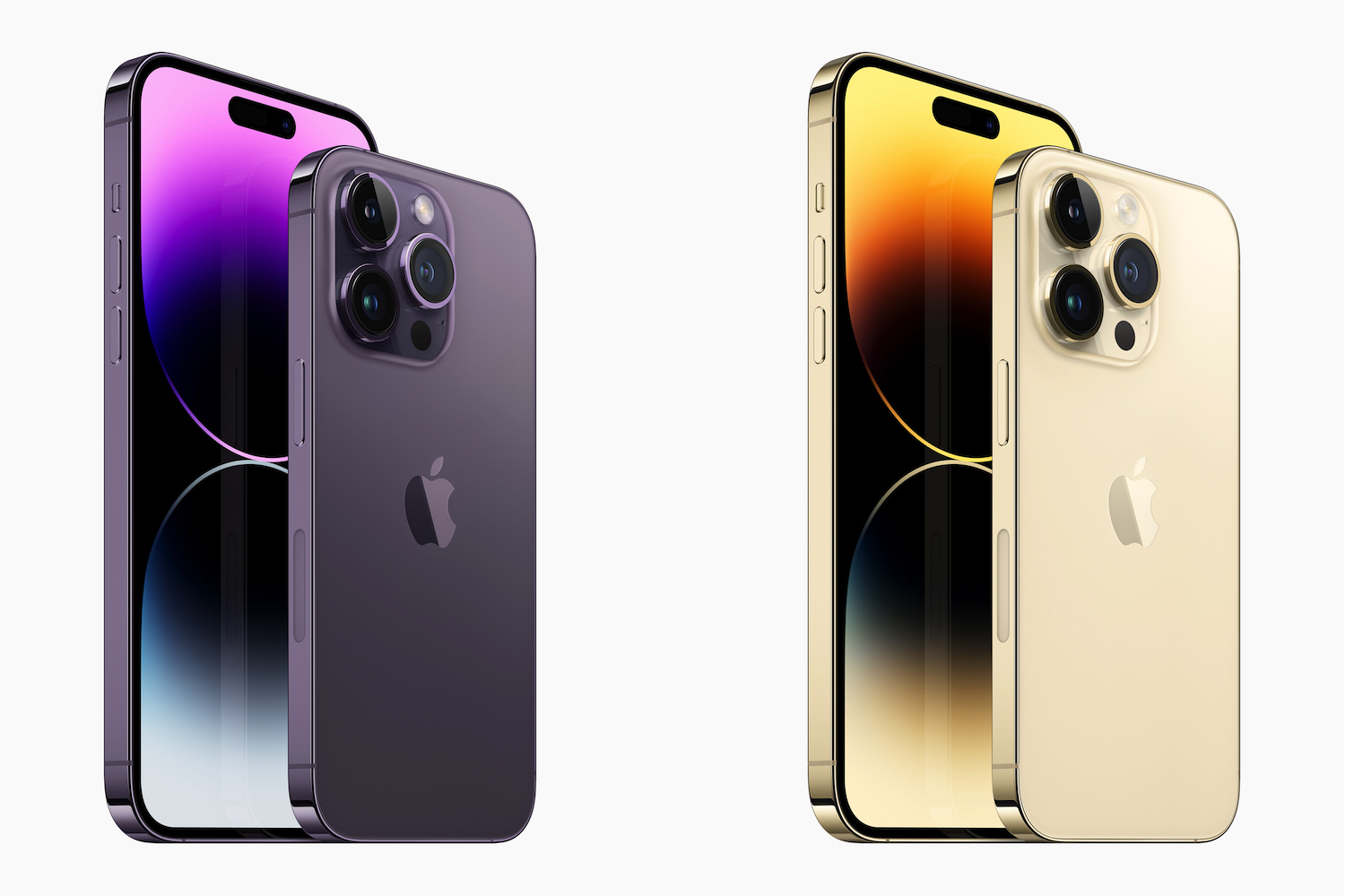 Apple iPhone 14 Pro y Pro Max en colores morado y dorado.