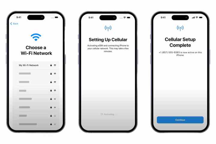 Three iPhones showing the setup process for eSIM carrier activation.