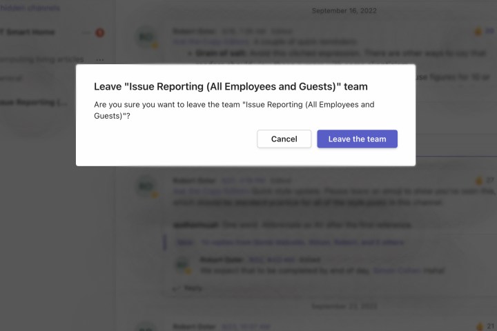 Confirm leaving Microsoft Team.