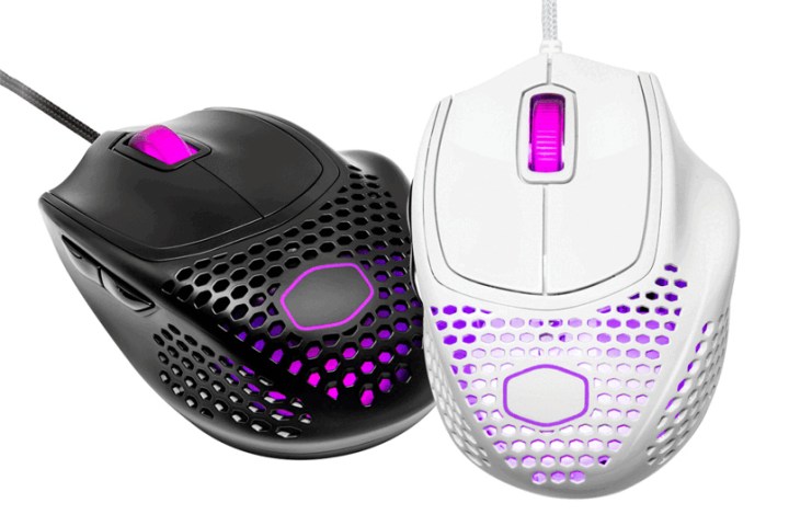 Product image of the Cooler Master MM720 lightweight gaming mouse in black and white.