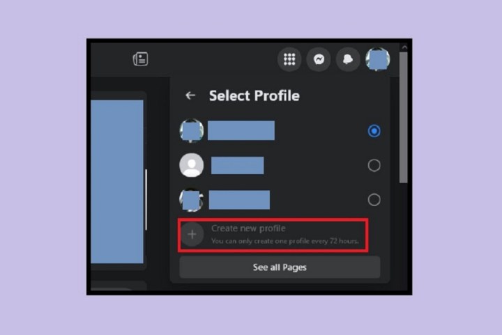 The Create New Profile menu option on Facebook for desktop web.