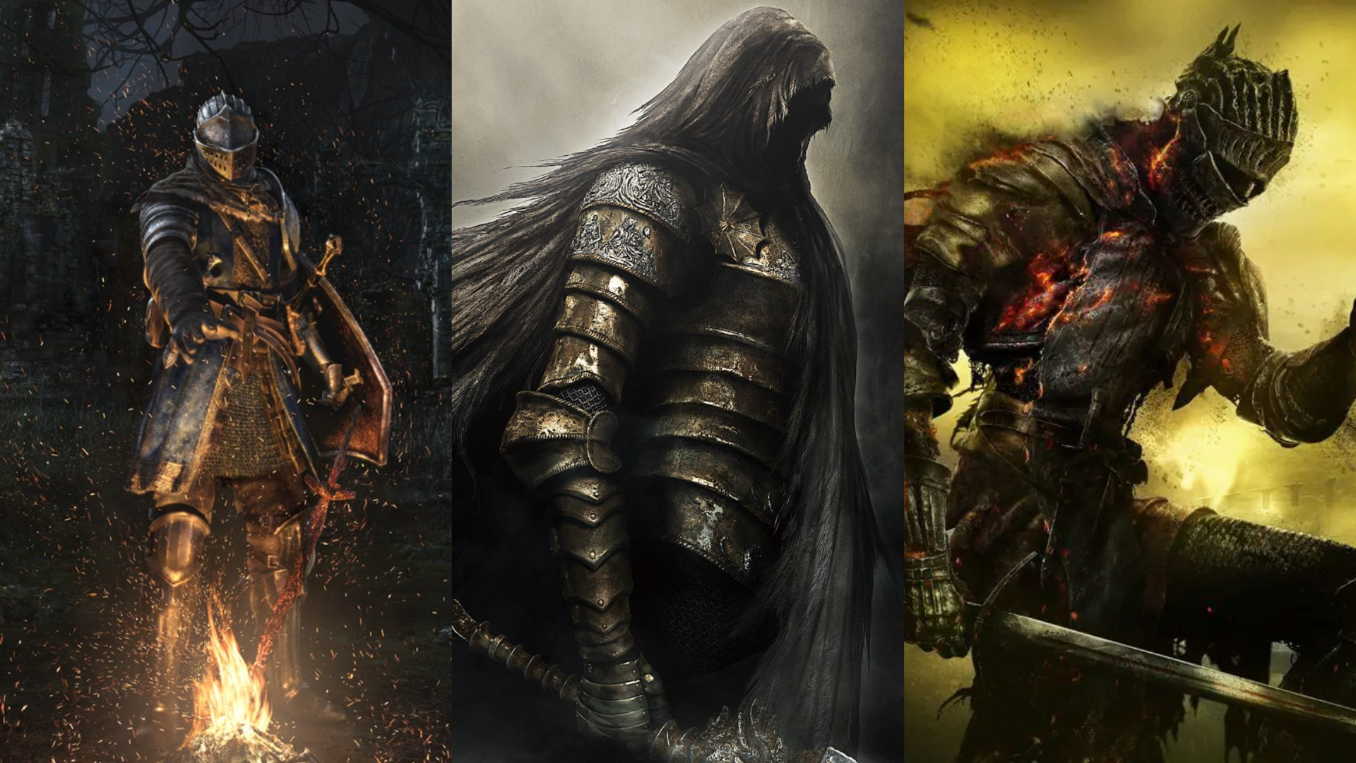 Imagem dividida da arte principal de Dark Souls, Dark Souls II e Dark Souls III.
