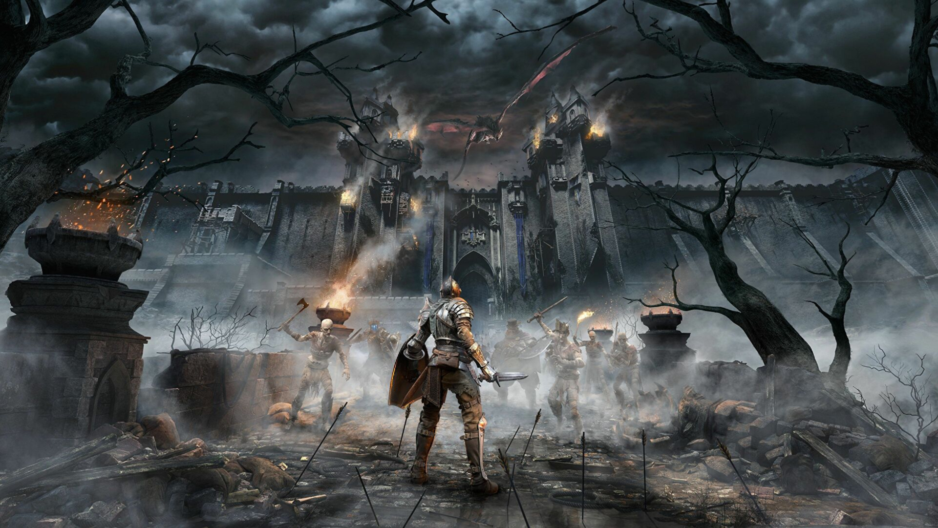 Arte-chave de Demon's Souls apresentando o protagonista enfrentando os mortos-vivos e os iminentes portões de Boletaria.