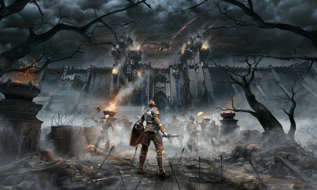 Demon's Souls key art featuring the protagonist facing the undead and the looming Boletaria gates.