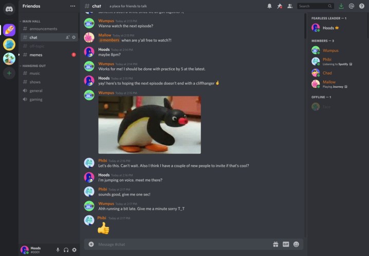 The Discord app showing a text channel with various messages and images.