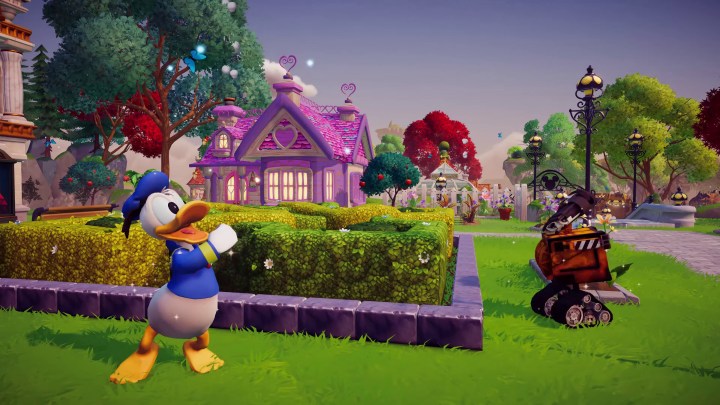 Donald Duck walks through a town in Disney Dreamlight Valley,