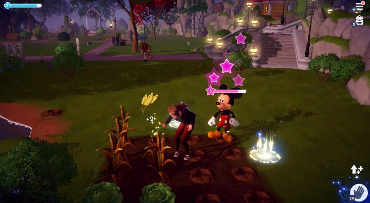 O medidor de nível de amizade do Mickey Mouse aumenta à medida que o personagem do jogador colhe trigo.
