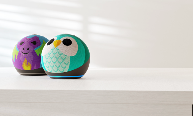 The Echo Dot Kids Owl and Dragon designs on a table.