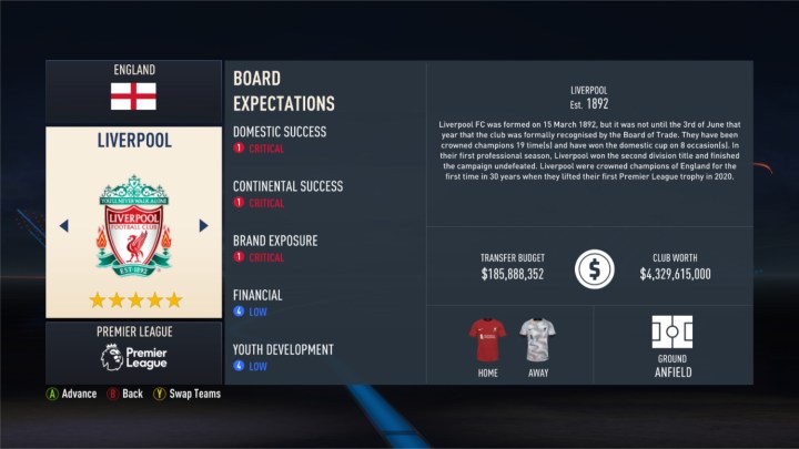 A summary screen for Liverpool in FIFA 23's career mode, showing the board's expectations, the club's budget, and other relevant information.