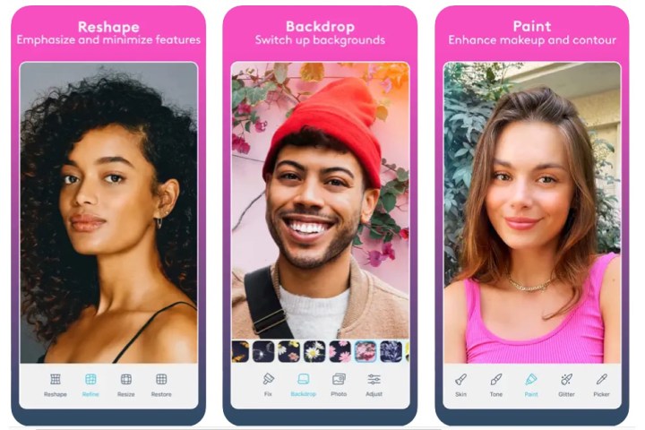 Facetune Editor with portraits of two women and one man.