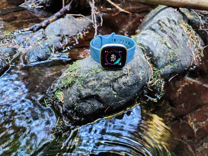 O Fitbit Sense 2 em uma rocha ao lado de um riacho.