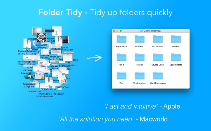 A promotional image for the Folder Tidy Mac showing its capabilities.