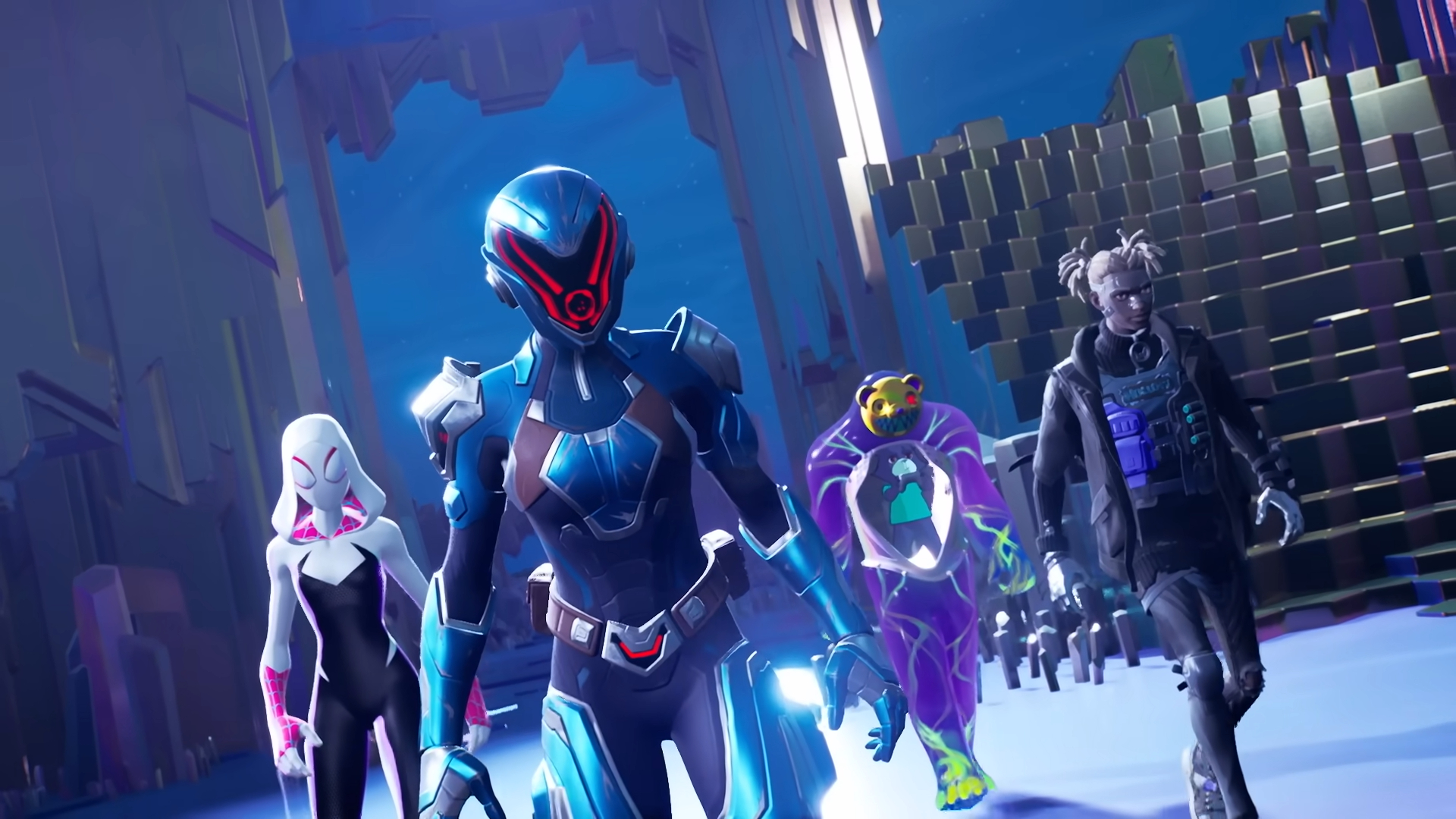 Novos personagens do passe de batalha, incluindo Spider-Gwen em Fortnite.