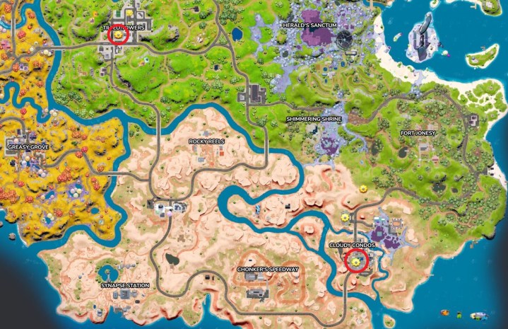 Map of No Sweat Insurance and Cloudy Condos in Fortnite.