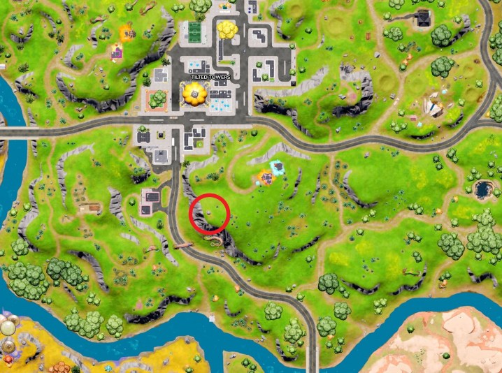 Map of Runaway Boulder at Tilted Towers in Fortnite.
