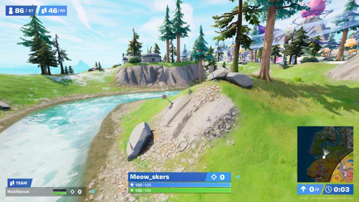 Three targets on a hill in Fortnite.