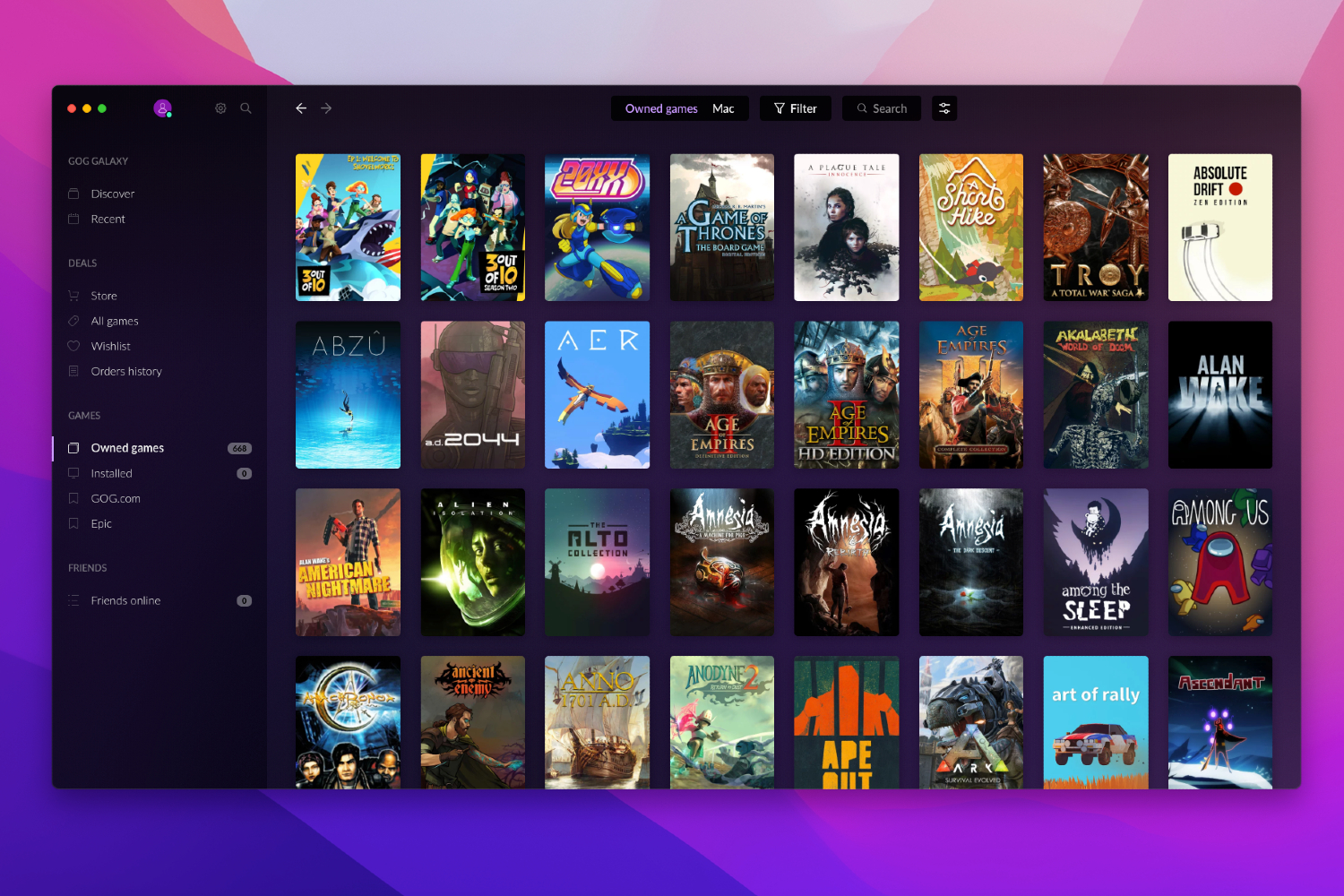 برنامه GOG Galaxy Mac مجموعه ای از بازی ها را نمایش می دهد.