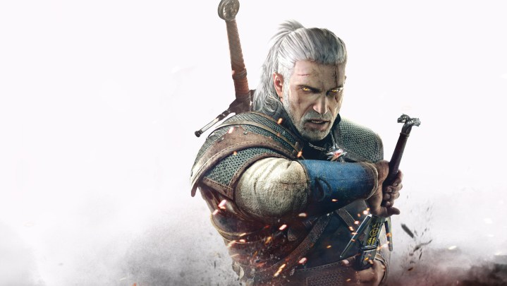 Geralt dibujando su espada en el arte promocional de The Witcher 3.