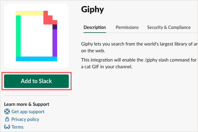 افزودن به دکمه Slack برای Giphy.