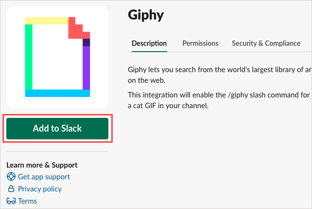 Botão Adicionar ao Slack para Giphy.