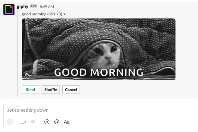 Send and Shuffle options for Giphy on Slack.