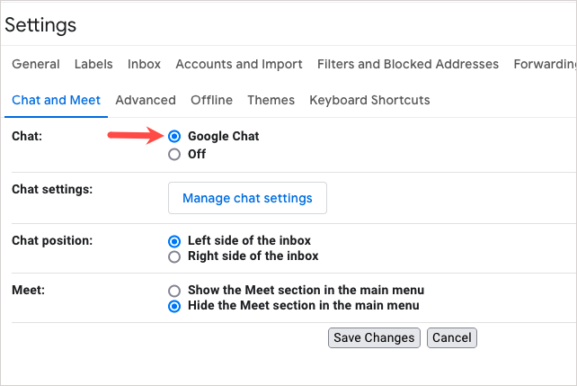 Google Chat ativado nas configurações do Gmail.