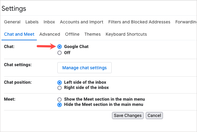 Google Chat está habilitado en la configuración de Gmail.